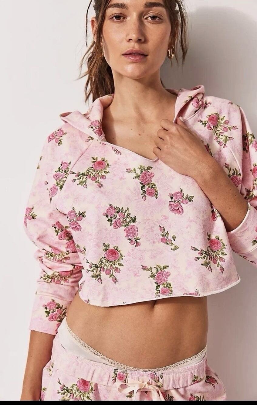 LoveShackFancy Jemina Floral Crop Hoodie Size Large EUC